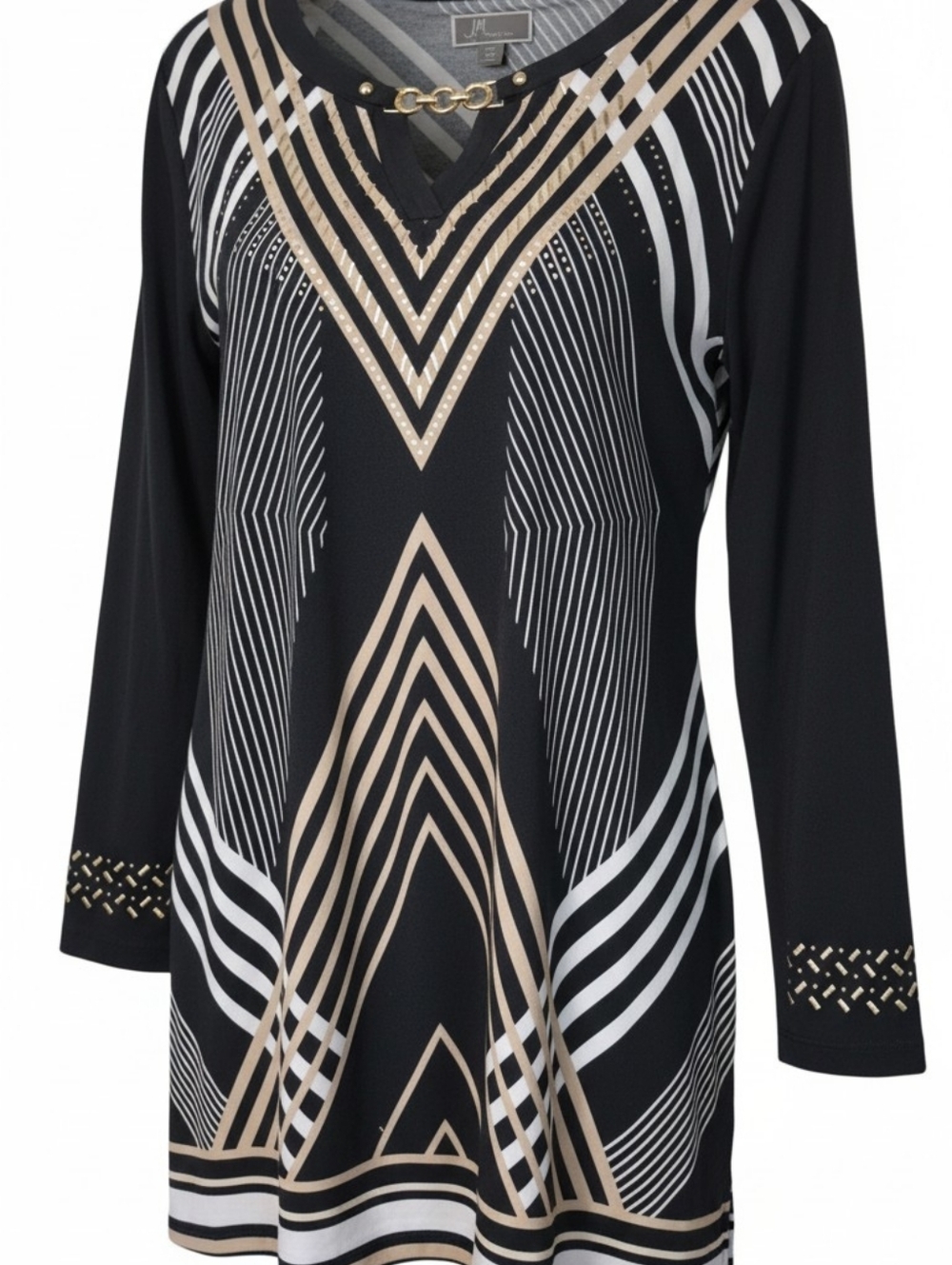 JM Collection Black White Beige Studded Geometric Tunic Long Sleeve Blouse XL